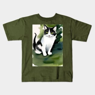 Watercolour Tuxedo Cat on a green lawn Copyright TeAnne Kids T-Shirt